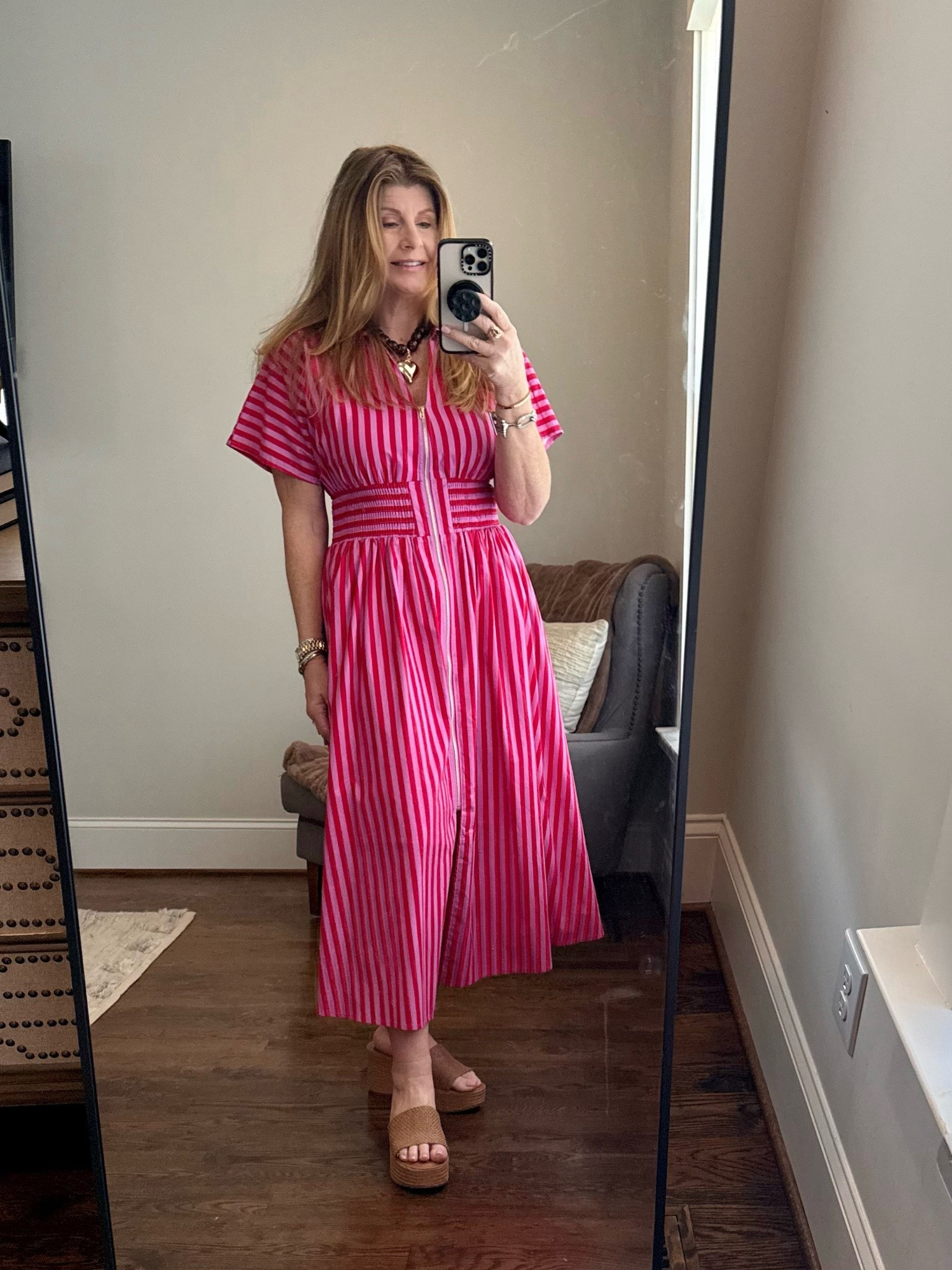 Steve Madden Cognac Raffia Platform Sandals🤎 @Steve Madden US 
#stevemadden #ad
#summersandals #raffiasandals #platformsandals #vacationsandals #marcharrivals 
#LTKOver50 #momover50

Dress & necklace are from a local boutique. I have linked similar styles  

#LTKTravel #LTKmomlife #LTKootd