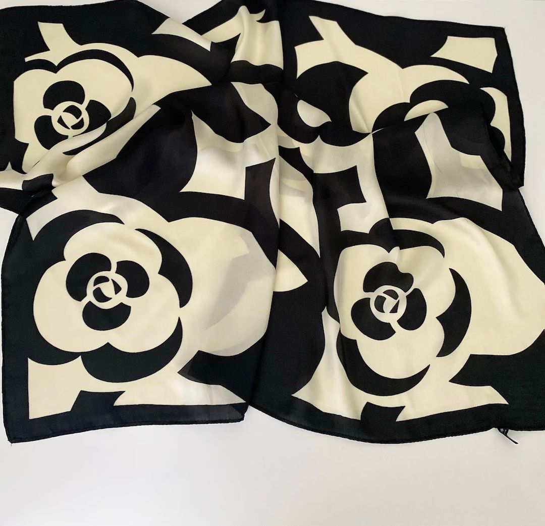 Black Camellia Floral Square Scarf , Luxury Headscarf, Satin Silk Square Wrap, Shawl Simplimvly -... | Etsy (US)