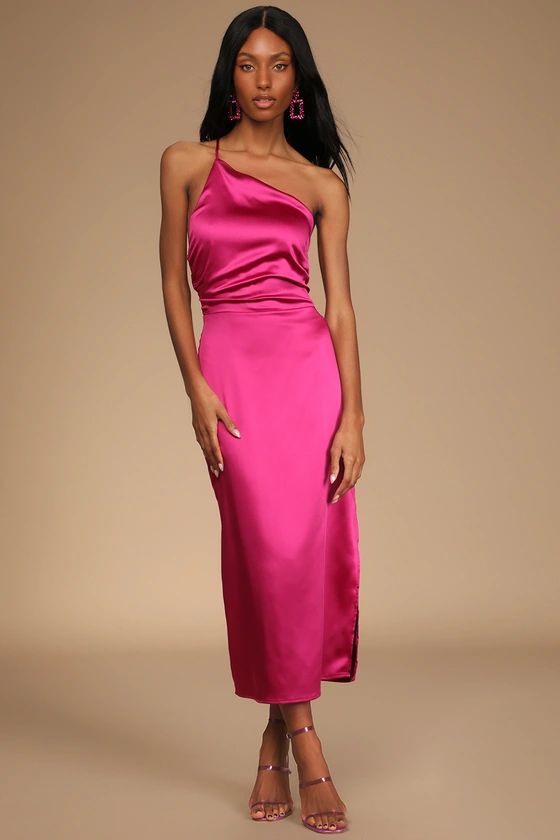 Call Me Confident Magenta Satin One-Shoulder Lace-Up Midi Dress | Lulus (US)