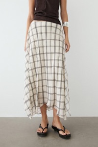 Click for more info about Asymmetric midi skirt with flounce. Side zip fastening. Check print.