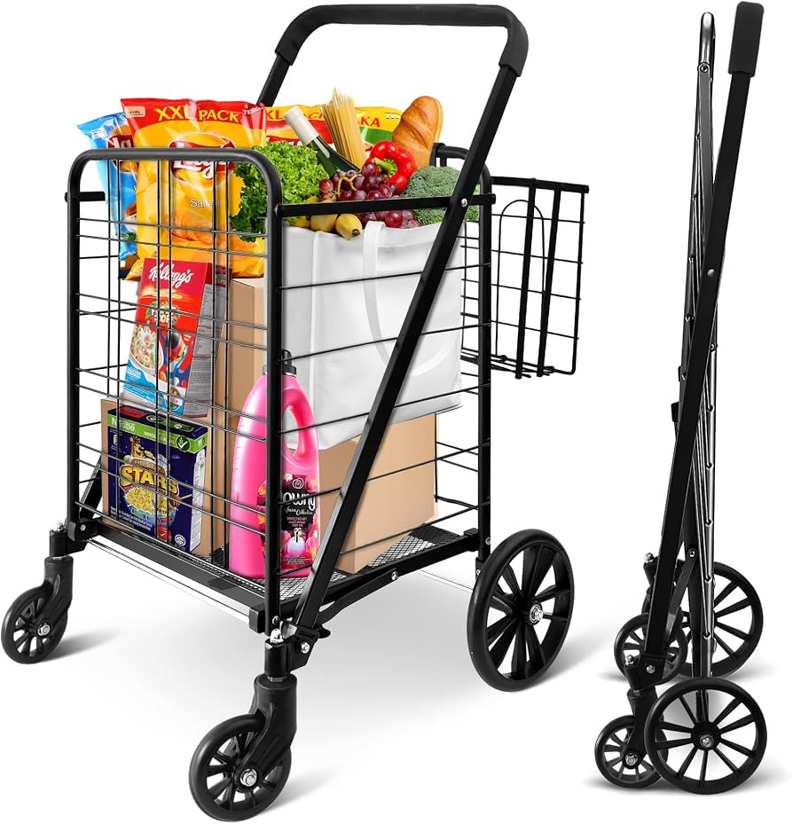 SereneLife Folding Grocery Utility Shopping Supermarket Cart with 360 Rolling Swivel Wheels, Doub... | Amazon (US)