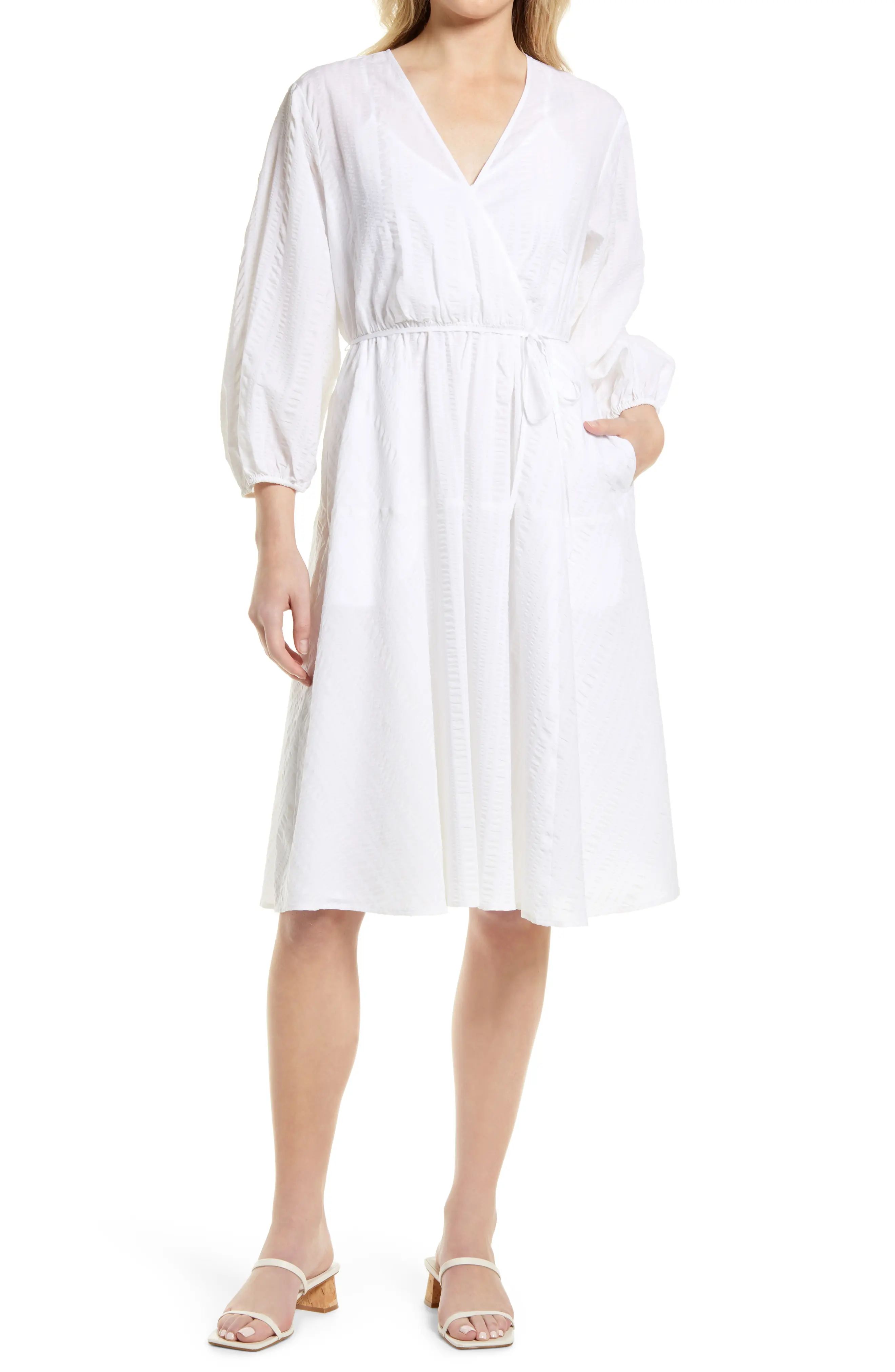 Nordstrom Long Sleeve Faux Wrap Dress in White at Nordstrom, Size Small | Nordstrom