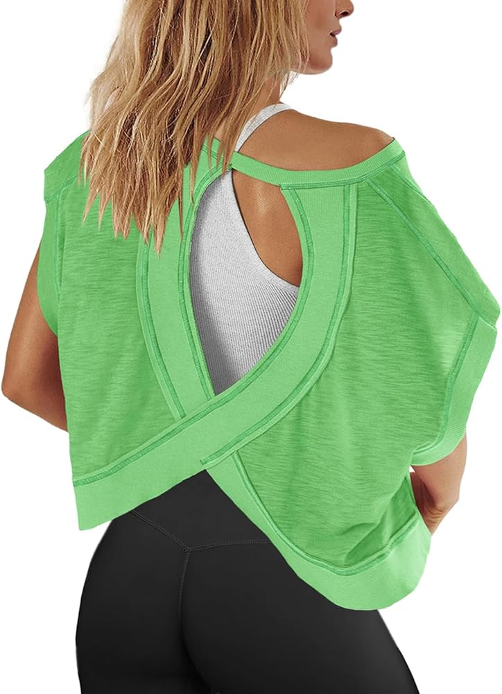 Panadila Womens Open Back Workout Top Oversized Workout T Shirts Backless Athletic Shirt Short Sl... | Amazon (US)