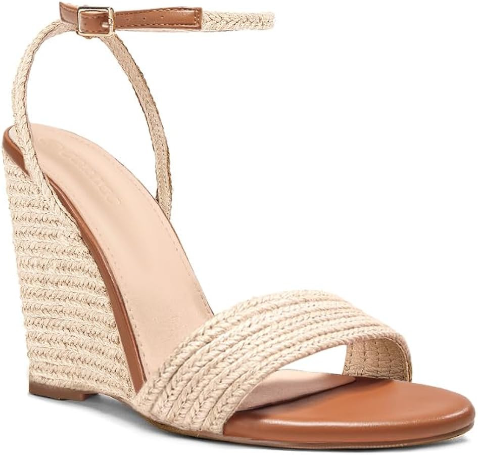 Coutgo Womens Wedges Heels Sandals Espadrilles Raffia Open Toe Ankle Strap Straw Summer Beach Sho... | Amazon (US)