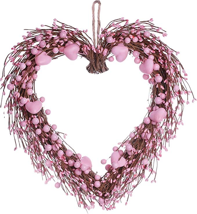 JINGHONG Pink Valentine’s Day Wreath,Artificial Heart-Shaped Wreath with Pink Hearts and Berrie... | Amazon (US)