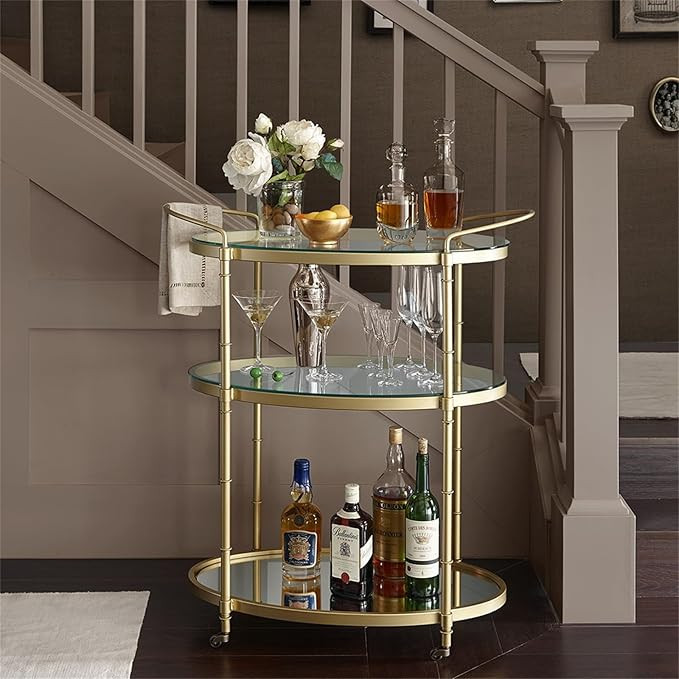 Elegant Gold Metal Bar Cart with Dual Glass Shelves, Mirrored Bottom Shelf, Low Profile Wheels fo... | Amazon (US)