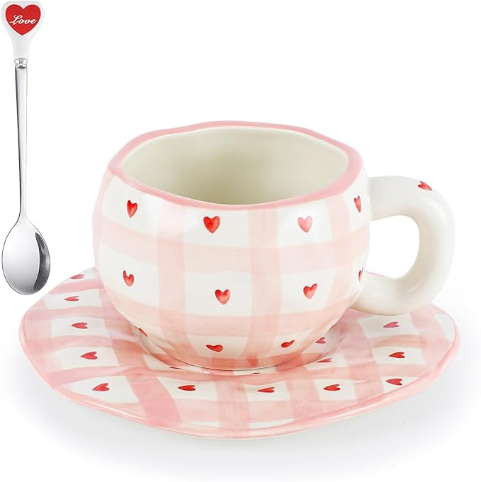 Valentine's Day Ceramic Coffee Mug Saucer Set Unique Irregular Design Cute Creative Cup with Spoo... | Amazon (US)