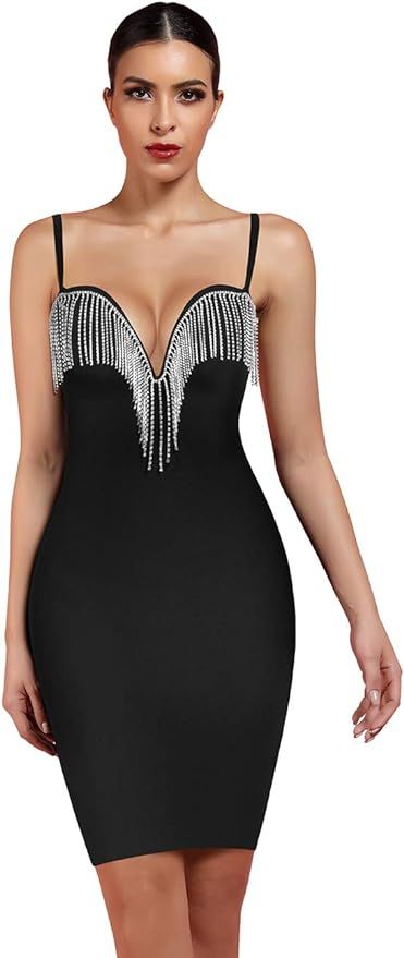 whoinshop Women's Party Dress Sleeveless High Neck Crystal Trim Mini Club Bodycon Bandage Dress | Amazon (US)