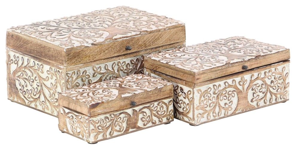 Eclectic Mango Wood Carved Tree Design Boxes With Lid, 3-Piece Set | Houzz 