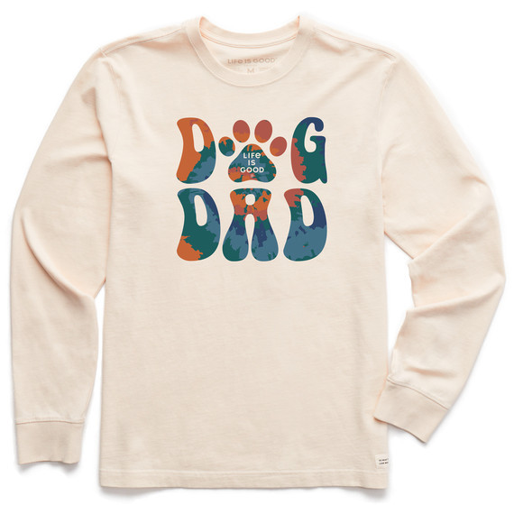 Life is Good Men's Tie Dye Dog Dad Long Sleeve Crusher T-Shirt in Putty White Size Medium | 100% Cotton | Life is Good