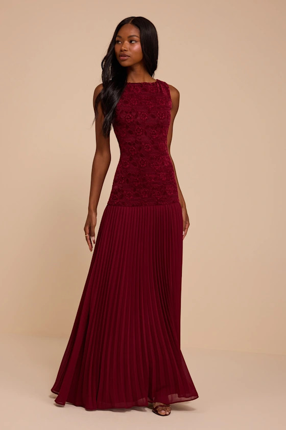 Aspen Burgundy Lace Drop Waist Maxi Dress | Lulus