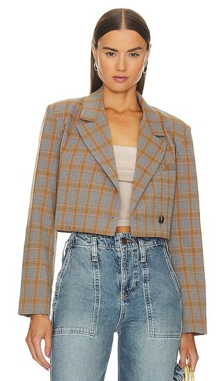 Rupi Cropped Blazer in Grey Plaid | Revolve Clothing (Global)