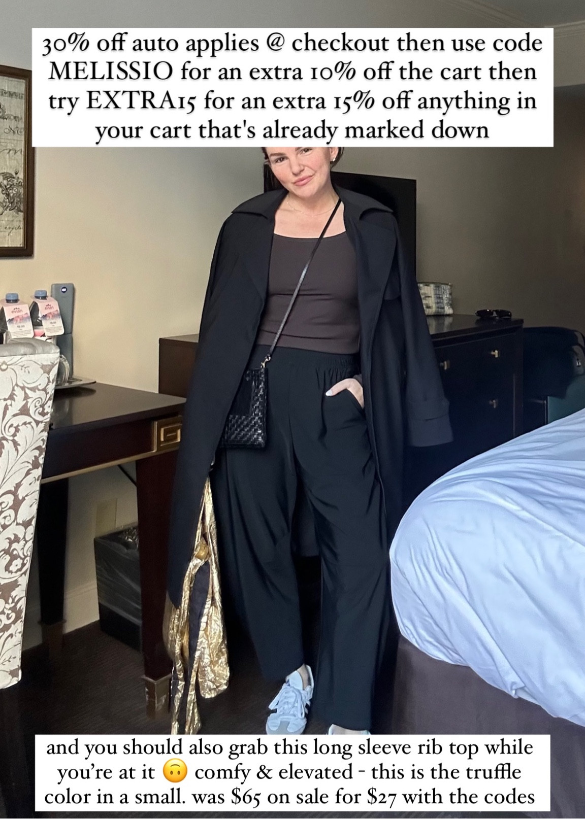 30% off auto applies @ checkout then use code MELISSIO for an extra 10% off the cart then try EXTRA15 for an extra 15% off anything in your cart that's already marked down and you should also grab this long sleeve rib top while you’re at it 🙃 comfy & elevated - this is the truffle color in a small. was $65 on sale for $27 with the codes