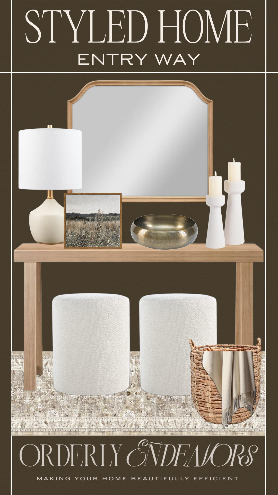 Styled entryway includes console table, ottoman, runner rug, basket, throw blanket, candle holders, gold decorative bowl, wall art, table lamp, mirror.

Home decor, styled home, home accents, looks for less

#LTKHome #LTKFindsUnder100 #LTKStyleTip