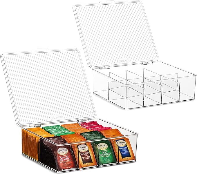 2 Pack Large Stackable Plastic Tea Bag Organizer - Storage Bin Box for Kitchen Cabinets, Countert... | Amazon (US)