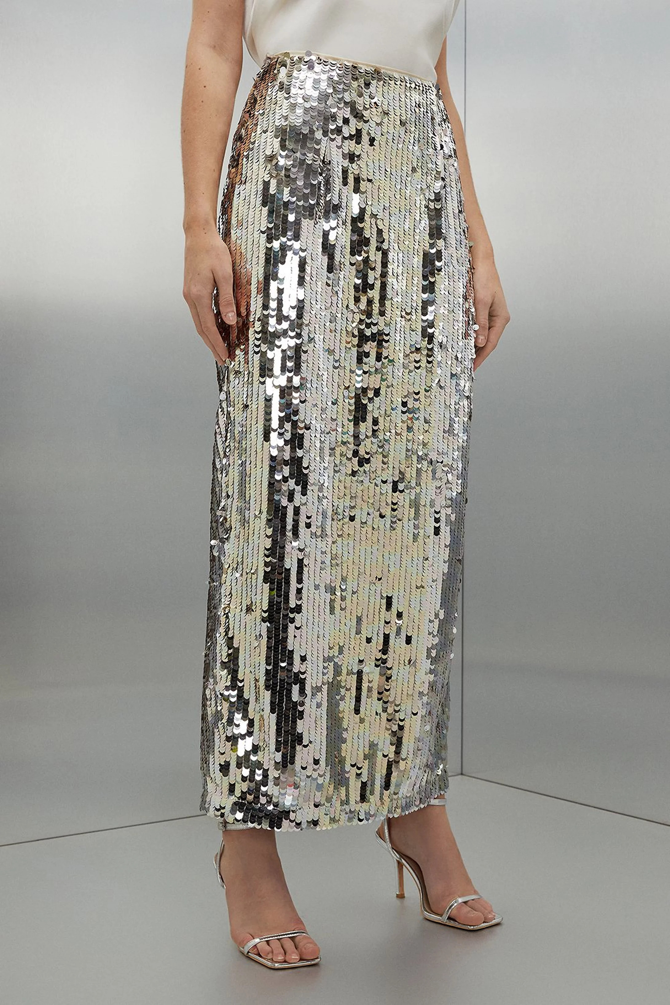 Silver Sequin Midaxi Woven Skirt | Karen Millen US