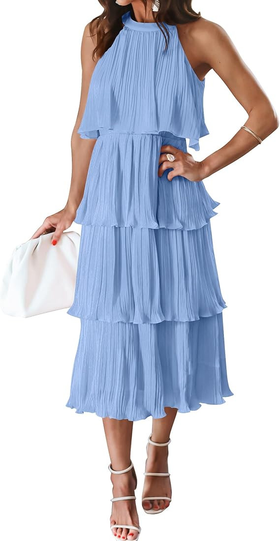 ZESICA Women's 2023 Summer Sleeveless Halter Neck Ruffle Tiered Layered Chiffon Flowy Swing Long ... | Amazon (US)