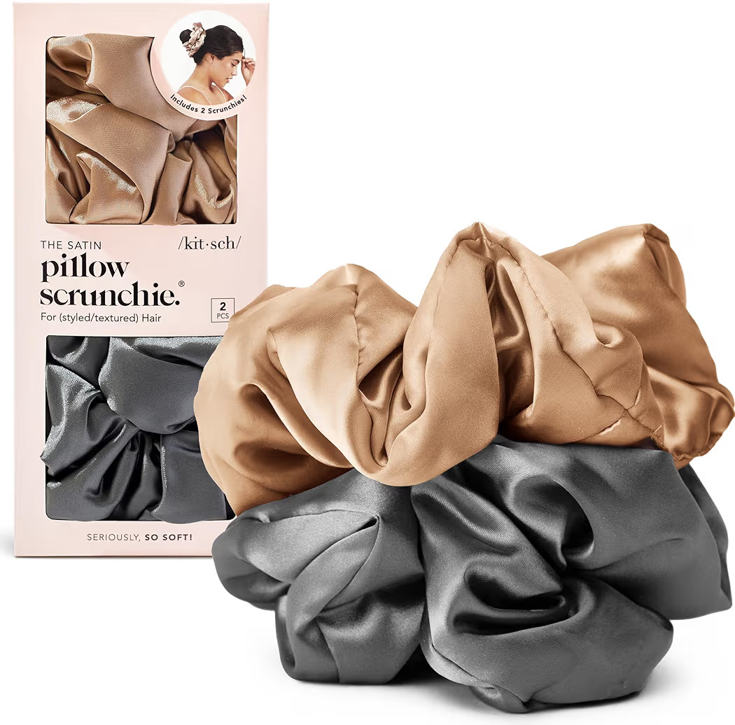 Kitsch Satin Scrunchies for Women - No Crease Hair Ties for Girls | Big Scrunchies For Women with All Hair Types and Textures, Perfect for Day or Night - 2 Pcs, Charcoal and Gold | Amazon (US)