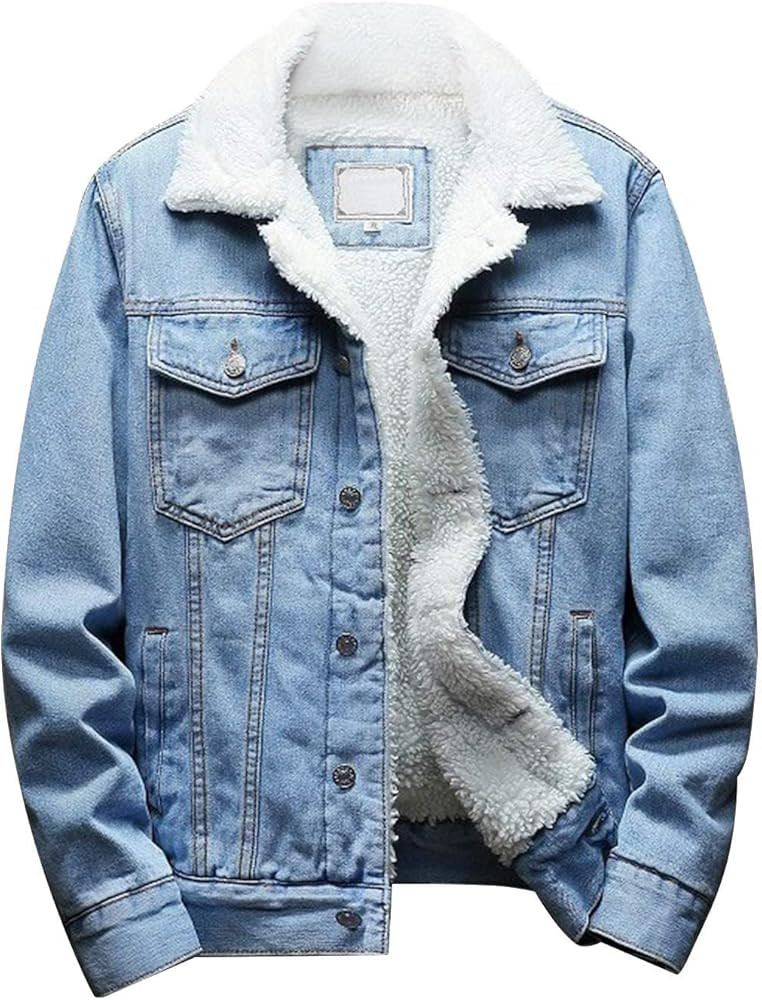 Omoone Men's Lapel Sherpa Fleece Lined Thicken Denim Jean Trucker Jacket Coats | Amazon (US)