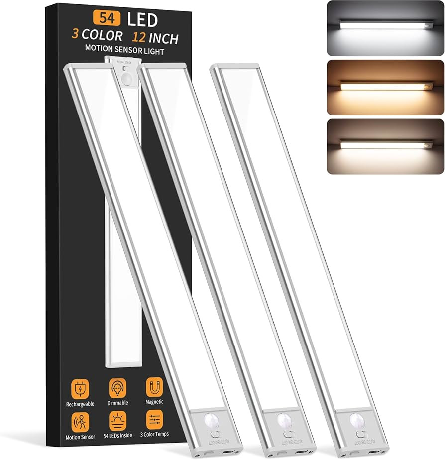 Under Cabinet Lighting Wireless, 54 LED Motion Sensor Light Indoor, 3 Color Dimmable Closet Light... | Amazon (US)