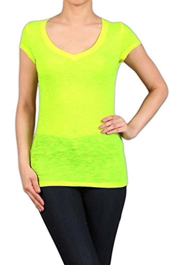 Neon Short Sleeve V-Neck Slub-Knit Women's T-Shirt | Amazon (US)