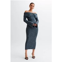 Baxter Off Shoulder Fluffy Knit Midi Dress - Charcoal | MESHKI US