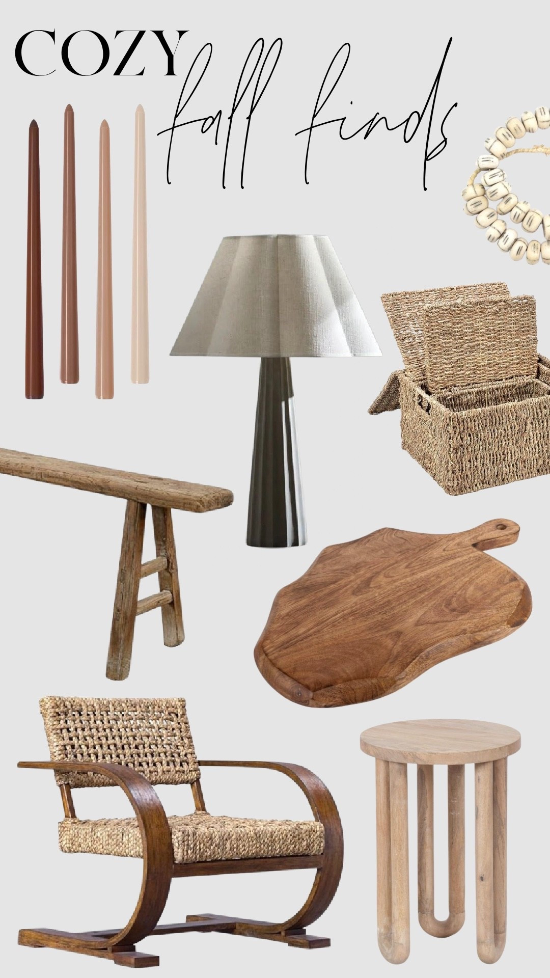 Cozy fall finds that bring warmth and texture to every corner of your home. From woven accent chairs and rustic wooden benches to sculptural side tables and neutral taper candles, these timeless pieces are perfect for layering in those organic, cozy vibes. Mix natural wood tones with woven textures and soft lighting for that effortless neutral fall aesthetic. Shop these cozy fall home decor favorites to create a space that feels curated, modern, and inviting — perfect for the season ahead.

#cozyfallhome #fallhomedecor #neutralfallstyle #fallstyling #fallhomerefresh #neutralhomedecor #organicmodernstyle #ltkhome #fallfinds #modernrustichome

#LTKHome #LTKSeasonal #LTKSaleAlert
