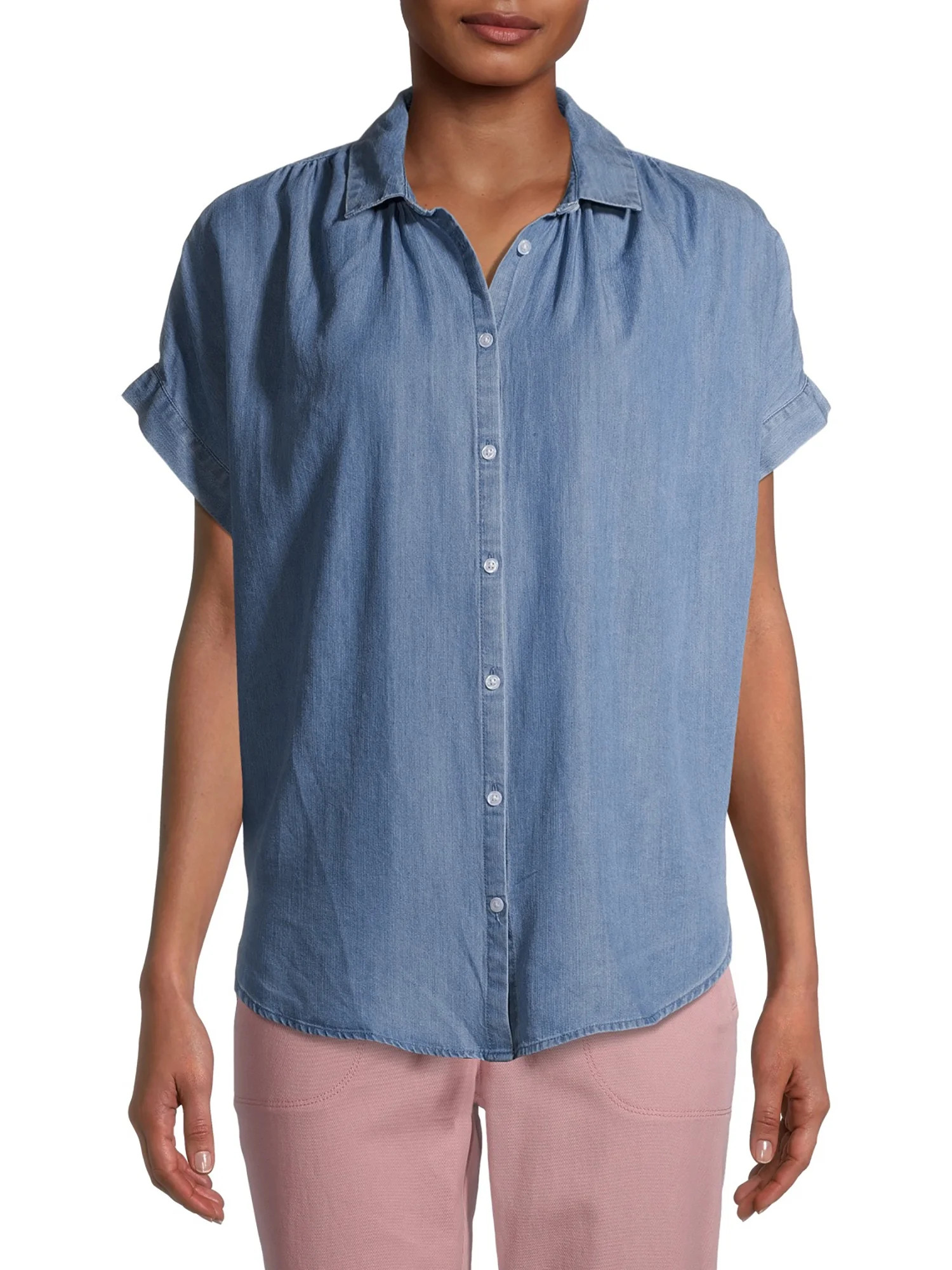 Time and Tru Women's Short Sleeve Button Front Shirt | Walmart (US)