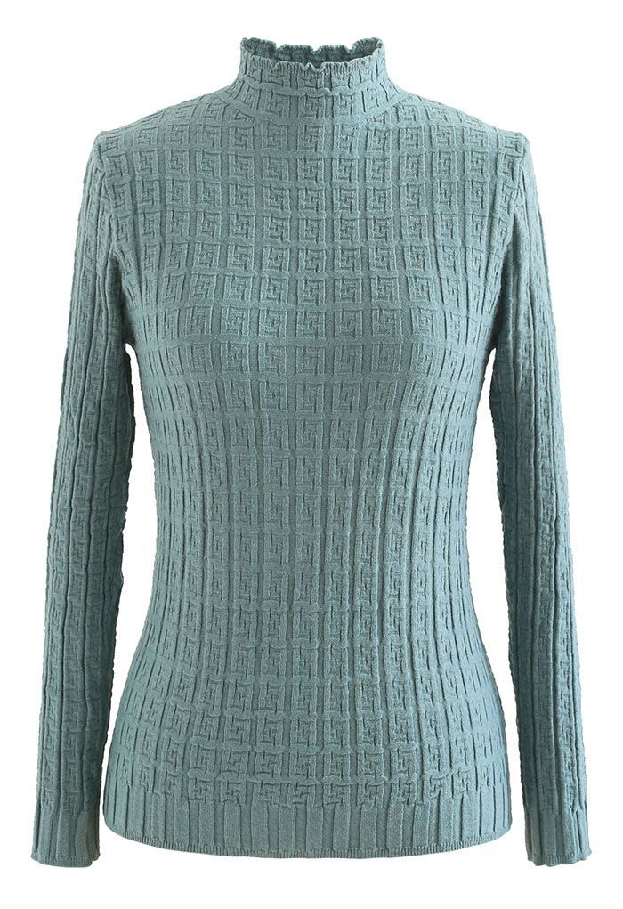 Maze Embossed High Neck Fitted Knit Top in Turquoise | Chicwish