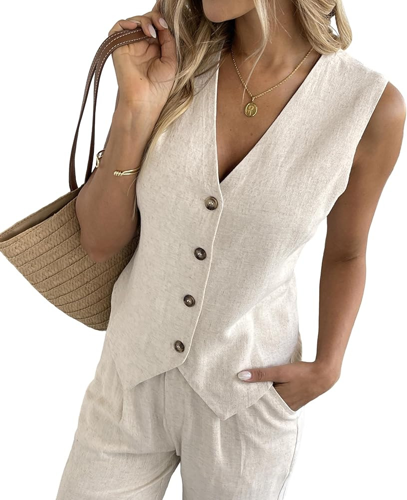 heipeiwa Women's Cotton Linen Vest Button Down Sleeveless V Neck Tank Tops Waistcoat Jacket | Amazon (US)