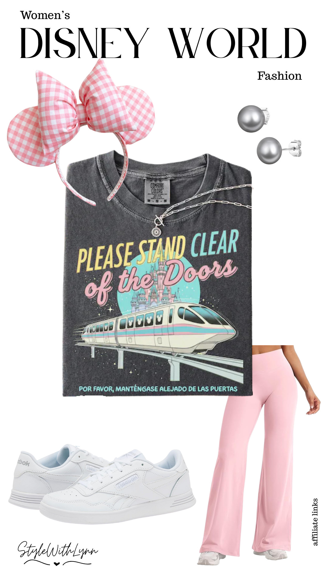 ✨🚝 This Please Stand Clear of the Doors tee is a Disney World classic, styled with soft pink flare leggings, comfy white Reebok sneakers, and the sweetest gingham Minnie ears. Perfect for a park day, travel day, or just showing your Disney love in the cutest way.

#DisneyWorld #Disneyland #DisneyOOTD #DisneyStyle

Disney World women’s outfit, monorail Disney shirt, Disney graphic tee outfit, pink Disney outfit, Minnie Mouse ears, Disney World casual outfit, women’s Disney park outfit, comfy Disney outfit, Disney travel outfit, pastel Disney style, Disney athleisure look 

 #LTKootd #LTKTravel