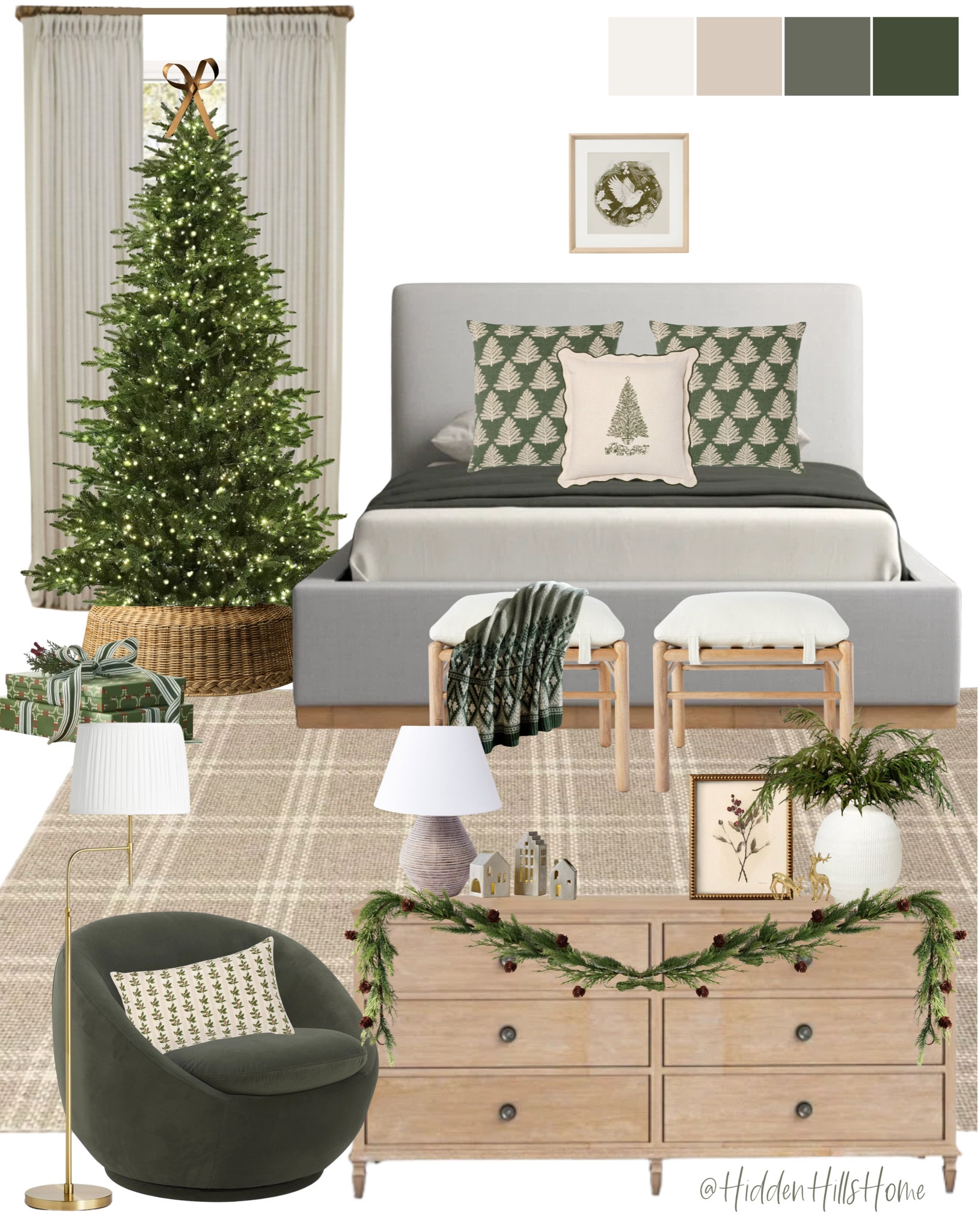 Holiday bedroom decor, Christmas tree, holiday home decor, garland, cozy bedroom mood board #holiday 

#LTKHome #LTKHoliday #LTKSeasonal