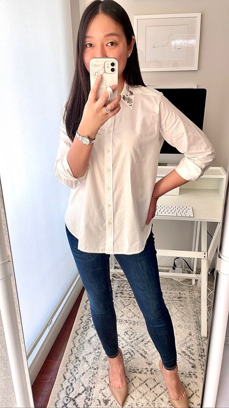 Love the jeweled collar on this white button down. Wearing size S petite which is a very relaxed fit.  

Skinny jeans ($25) in 0 short

#LTKSeasonal #LTKHoliday #LTKunder50