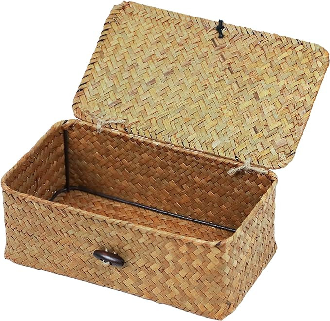 Wicker Storage Basket with Lid, Natural Seagrass Storage Baskets for Organizing, Rectangular Wove... | Amazon (US)