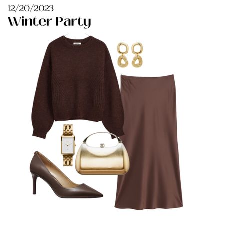 Holiday party outfit idea🤎 brown satin midi skirt, evening style, party wear, festive style, sweater, Nordstrom, gold watch, chunky earrings 

#LTKHoliday #LTKSeasonal #LTKfindsunder100