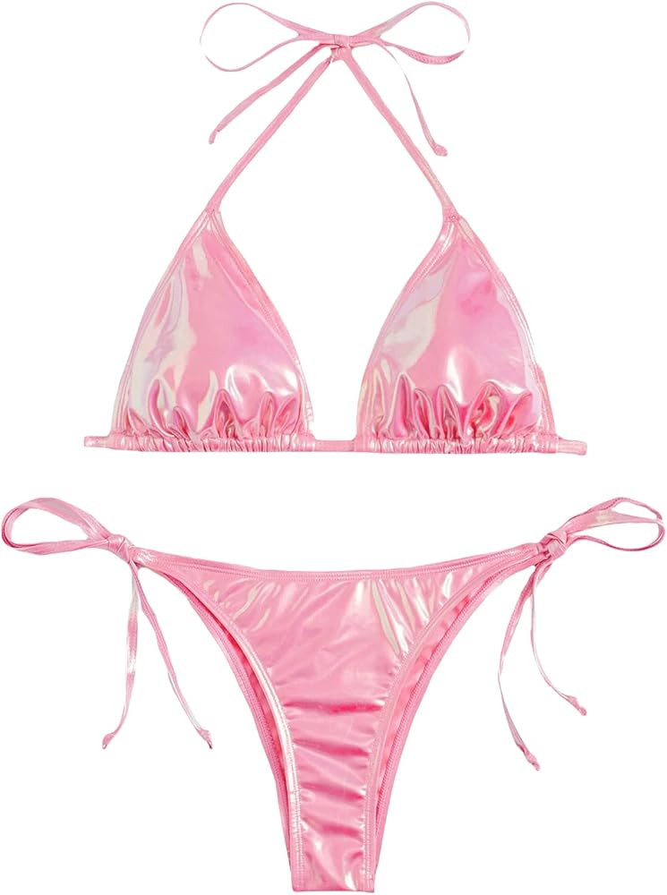 SOLY HUX Women's Metallic Halter Top Two Piece Swimsuit Tie Side Triangle Bikini | Amazon (US)