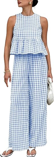 Womens 2 Piece Outfits Sets Gingham Plaid Sleeveless Ruffle Tank Tops and Wide Leg Pants Summer M... | Amazon (US)