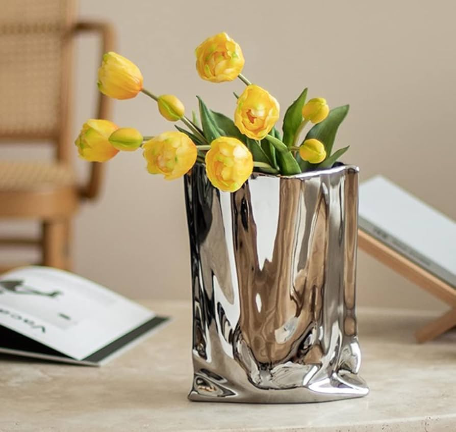 Silver Flower Vase, 9.2 Inch Tall Minimalist Ceramic Vase, Eclectic Flowerpot for Home Office Tab... | Amazon (US)