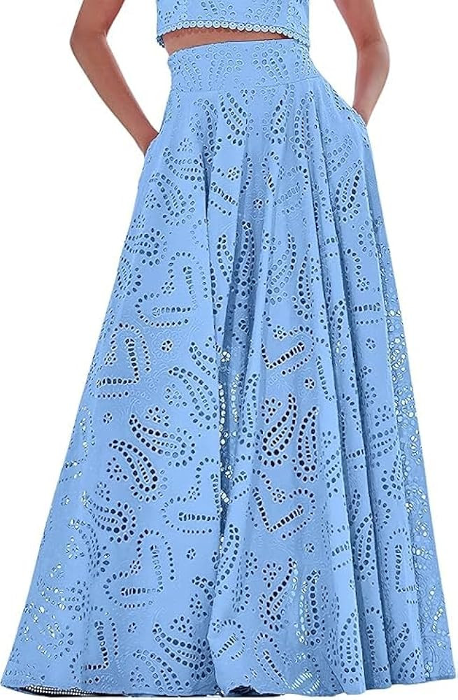 utcoco Womens 2025 Summer Eyelet Lace Embroidered Boho Skirt Hollow Out Smocked Waist Maxi Skirt ... | Amazon (US)