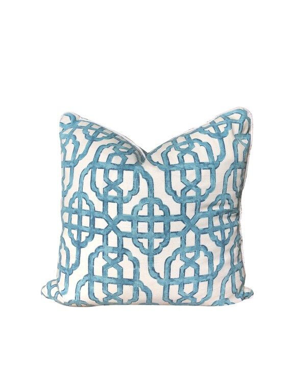 Lacefield Imperial Seaside Designer Linen Pillow Cover light blue white All Size trellis geometri... | Etsy (US)