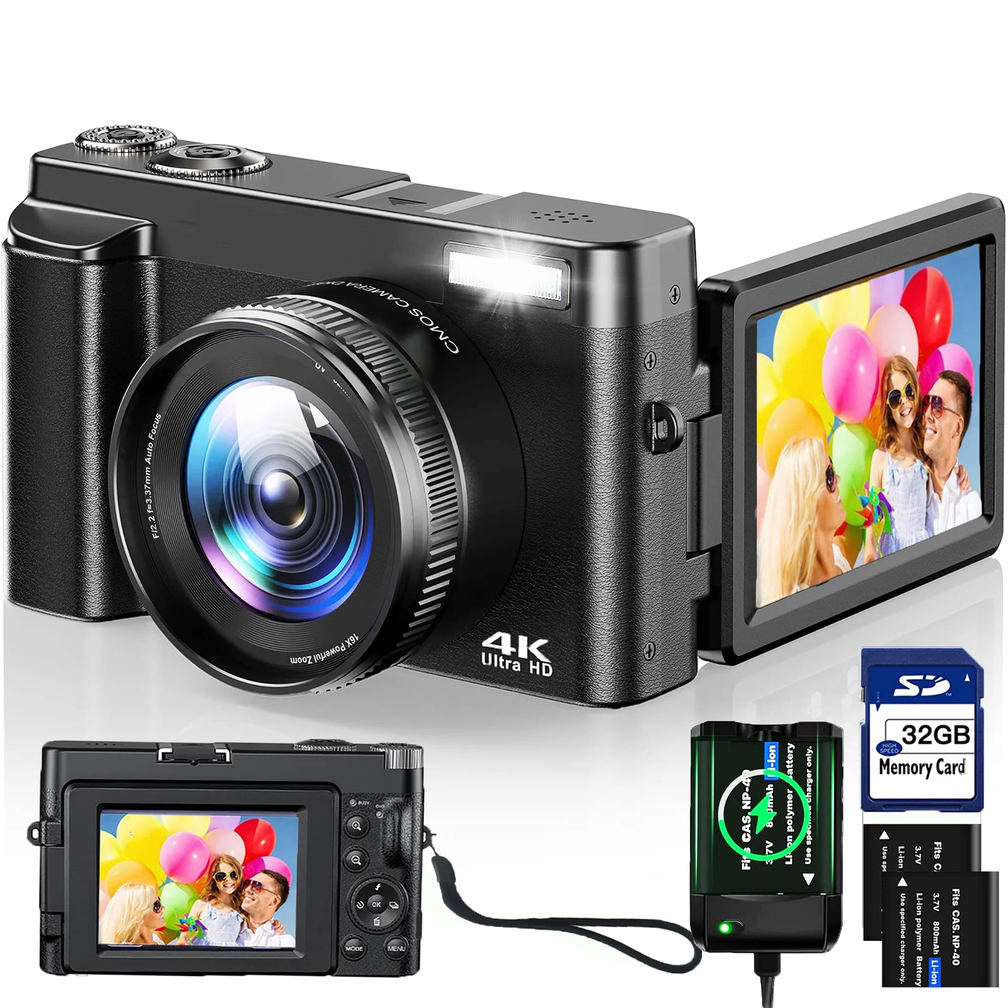 Vlogging Camera 4K Digital Camera for Youtube Autofocus with 32GB SD Card,180°Flip Screen 16X Di... | Walmart (US)