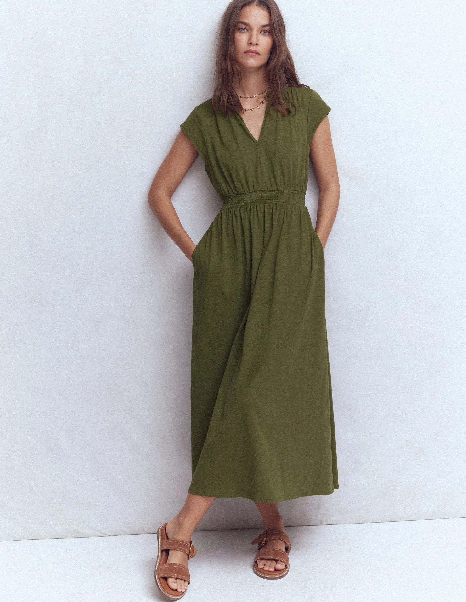 Alba Smocked Jersey Midi Dress-Olive | Boden (US)