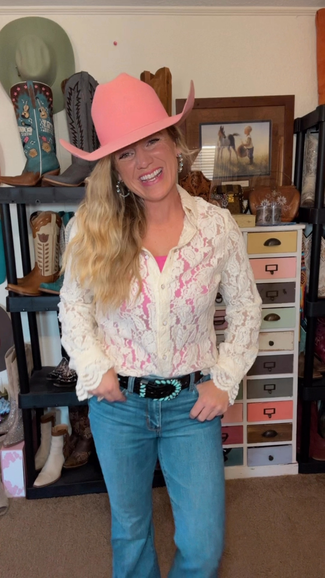 Cowgirl style, western style,  cowgirl wear, western wear, country concert outfit, rodeo style, eyelet lace, lace shirt, pink cowgirl hat, girly western style, everyday western style, Amazon finds, Amazon big spring sale, 

#LTKSaleAlert #LTKWatchNow #LTKSeasonal