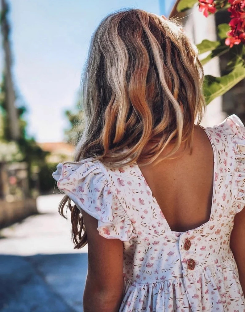 Flower linen dress for girls with ruffle sleeves and tiered skirt | Etsy (US)