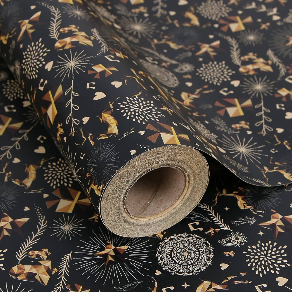 Aimyoo Black Gold Kraft Christmas Gift Wrapping Paper Jumbo Roll, Reindeer Snowflakes Stars Desig... | Amazon (US)