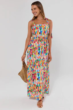 Sandy Multi Printed Smocked Midi Dress | Avara