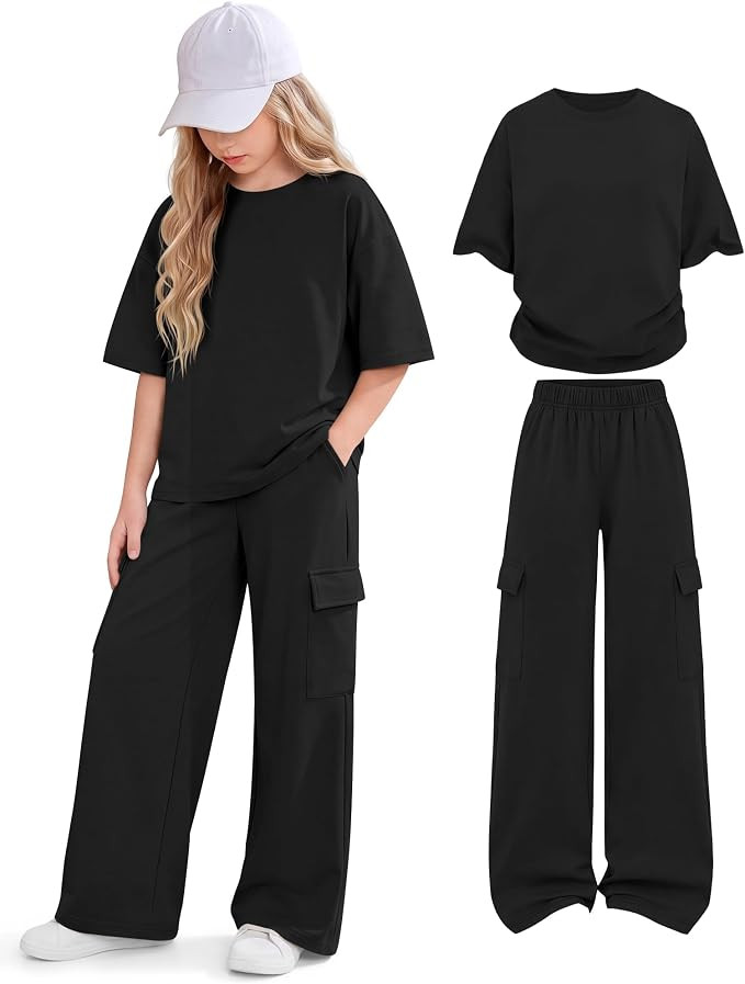 2 Piece Girls' Matching Outfits Oversize Sets Kid Short Sleeve Crew Neck Top Wide Leg Cargo Pant ... | Amazon (US)