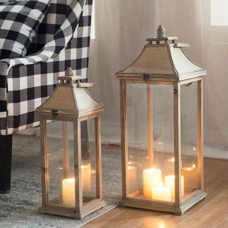 Llinc Store 2 Pack Farmhouse Candle Lanterns Decorative Outdoor & Indoor, Wooden Hurricane Lanter... | Walmart (US)