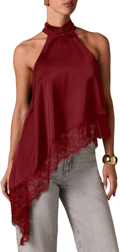 ABINGOO Womens Sleeveless Tops Satin Halter Mock Neck Elegant Going Out Tank Tops with Asymmetric... | Amazon (US)