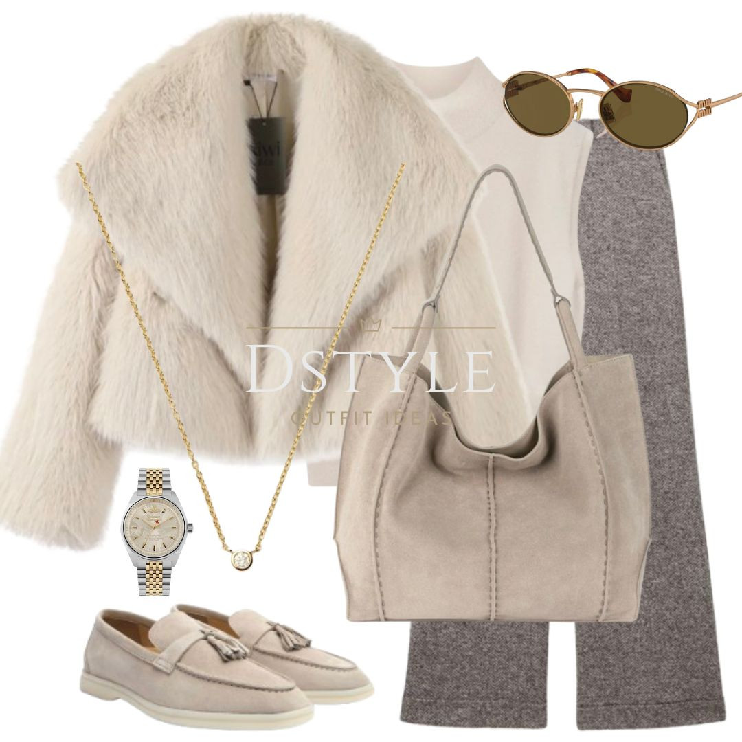 Faux fur cream coat, textured wool blend wide leg suit trousers in grey, cream wool blend knit top, calf-leather loafers, tote bag in sand suede, Miu Miu sunglasses

#LTKWorkwear #LTKItBag #LTKStyleTip